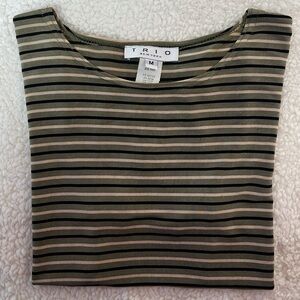 Trio New York Black Olive & Tan Horizontal Striped Scoop Neck Top Size: M